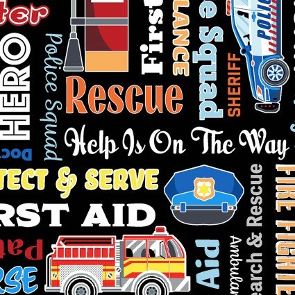 Benartex Save the Day black words novelty quilting cotton fabric