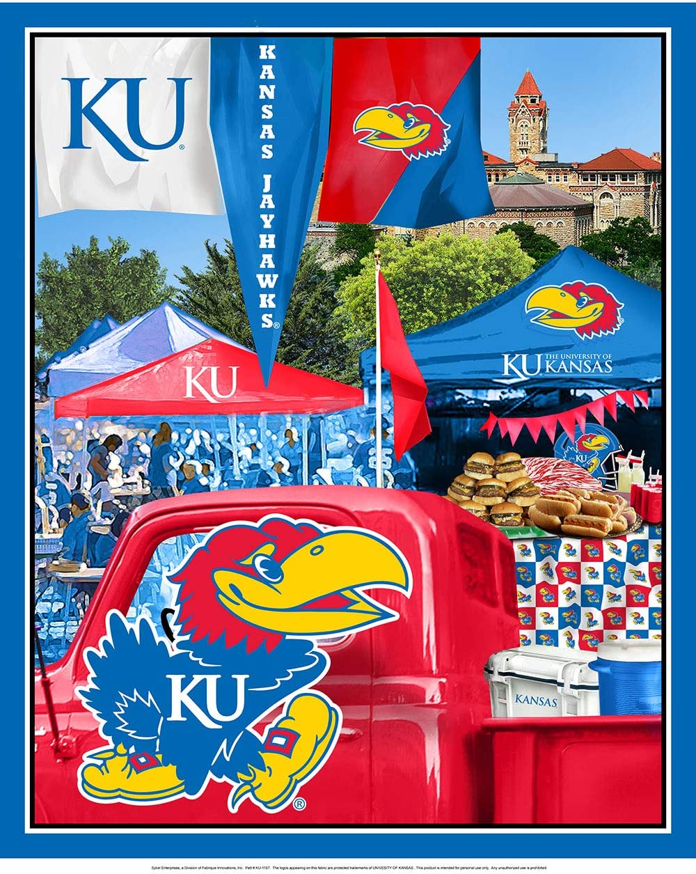 Kansas Jayhawks Tailgate fabric panel, licensed collegiate cotton quilt panel, 43 x 36 inches