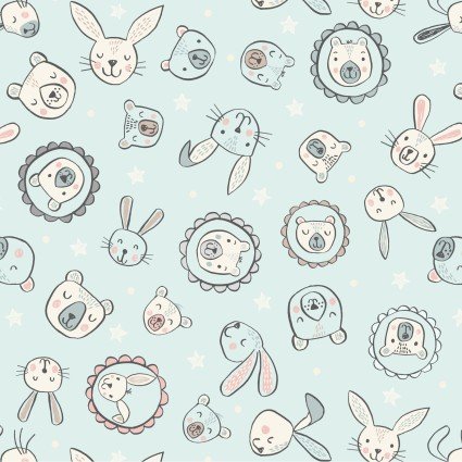 Lewis & Irene Bella Bunny & Bear Baby Blue quilting fabric — bunnies and bears on baby blue