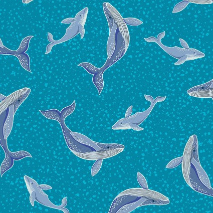 Lewis and Irene Ocean Glow teal whale glow in the dark quilting cotton fabric