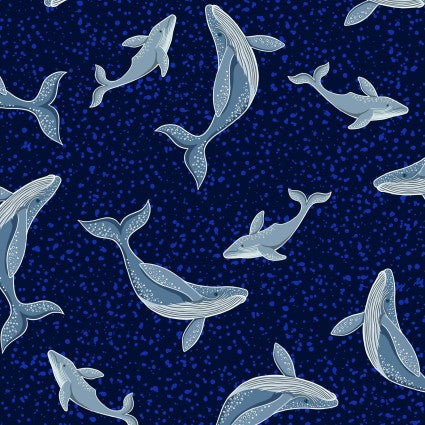 Lewis and Irene Ocean Glow navy whale glow in the dark quilting cotton fabric