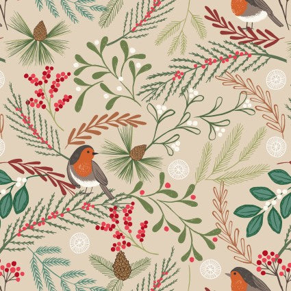 Lewis & Irene New Forest Winter Cream flannel quilting fabric — wintry forest scene
