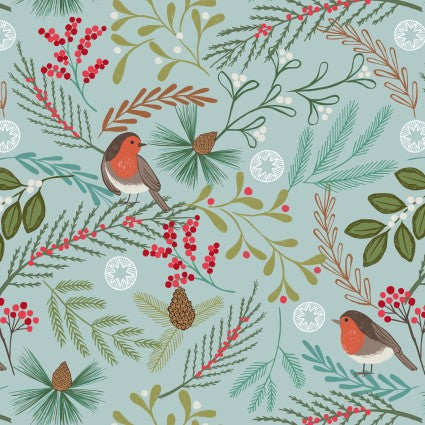 Lewis & Irene New Forest Winter Blue flannel quilting fabric — wintry forest scene