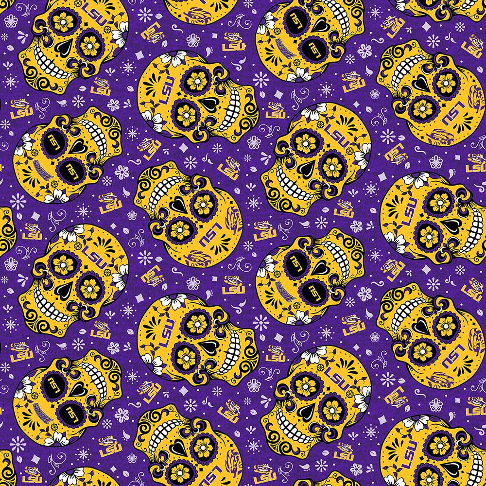 Sykel LSU Tigers tossed sugar skull licensed collegiate quilting cotton by the yard