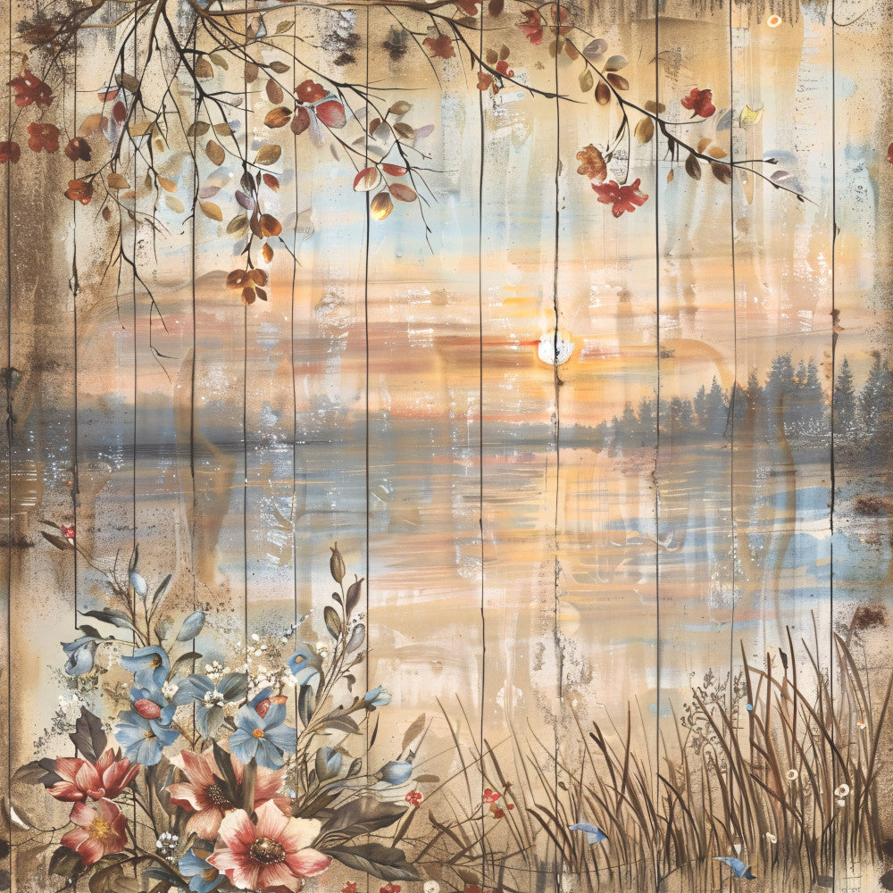 Lake on Rustic Wood Fabric Panel 11 QuiltingFabricPanels