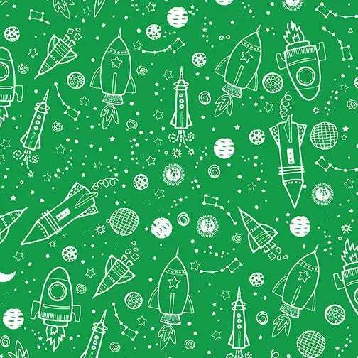 Lift Off - Space Galaxy - Green 44" / 45" Fabric Per Yard The Fabric Company