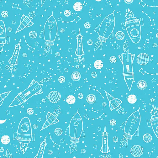 Lift Off - Space Galaxy - Turquoise 44" / 45" Fabric Per Yard The Fabric Company