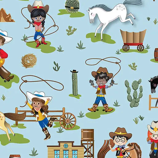 Lil' Buckaroos - Lil' Rodeo - Blue 44" / 45" Fabric Per Yard The Fabric Company
