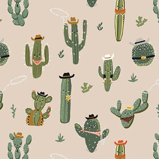 Lil' Buckaroos - Wild West Cactus - Tan 44" / 45" Fabric Per Yard The Fabric Company