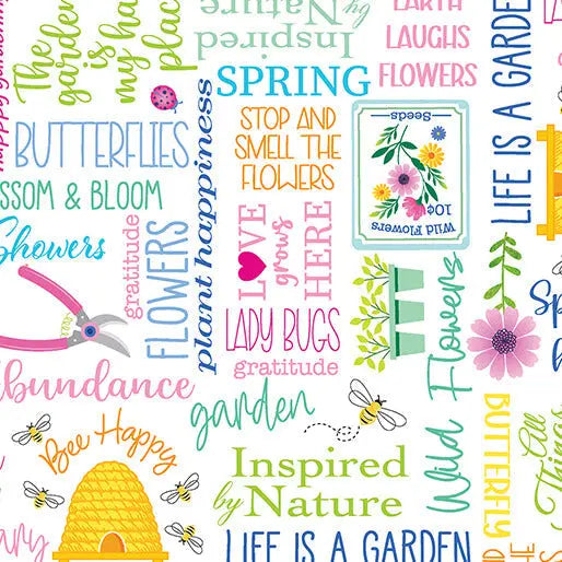 Love Grows Here - Blossom & Bloom Words - White 44" / 45" Fabric Per Yard The Fabric Company