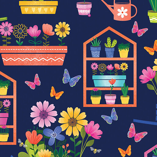 Love Grows Here Flower Garden quilting fabric in navy by Benartex, floral print on navy cotton, sold by the yard