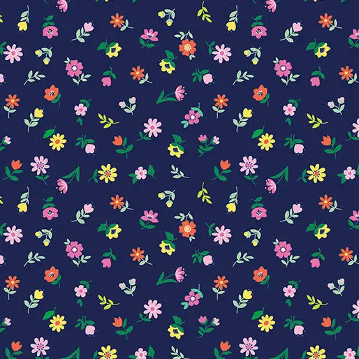 Love Grows Here - Sweet Flowers - Navy 44" / 45" Fabric Per Yard The Fabric Company