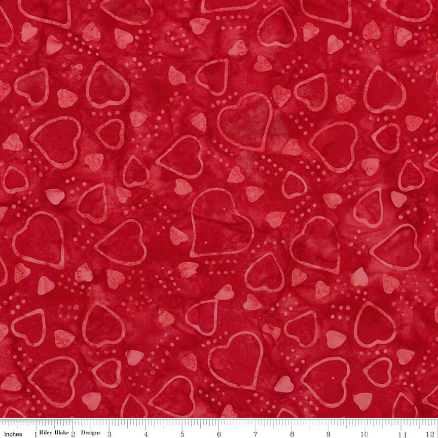 Love Punch Batiks - Hearts - Red 44"/45" Fabric Per Yard