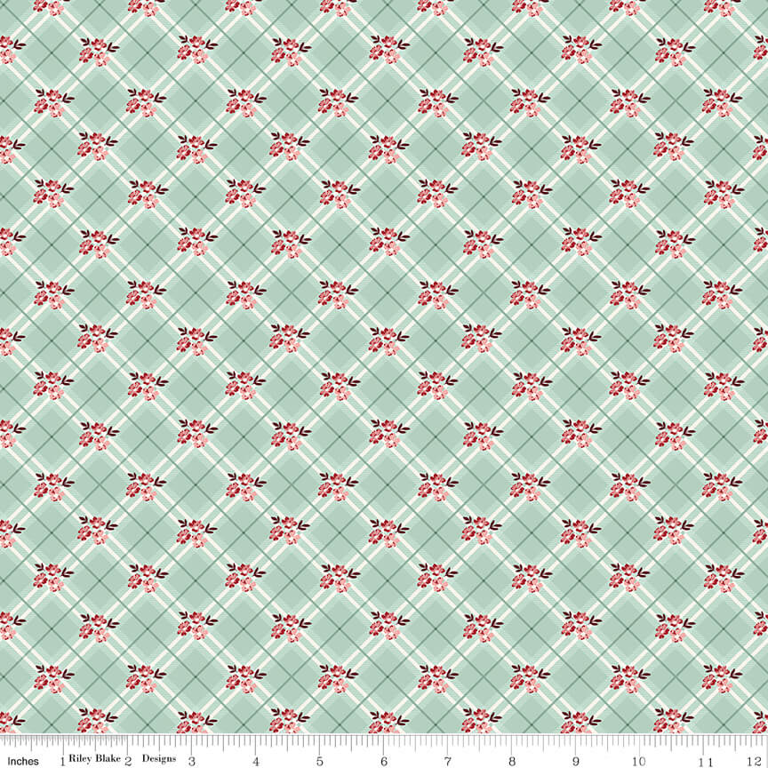Love You Always - Floral Plaid - Mist 44"/45" Fabric Per Yard