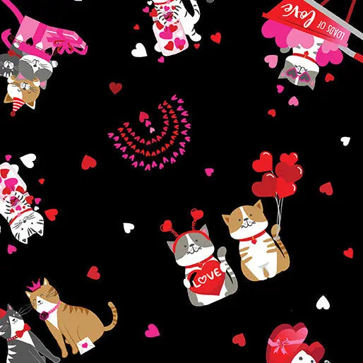 Love You Fur-Ever - Kitty Love - Black 44" / 45" Fabric Per Yard The Fabric Company
