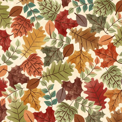 Maywood Studio Hello Autumn Tossed Leaves White quilting fabric