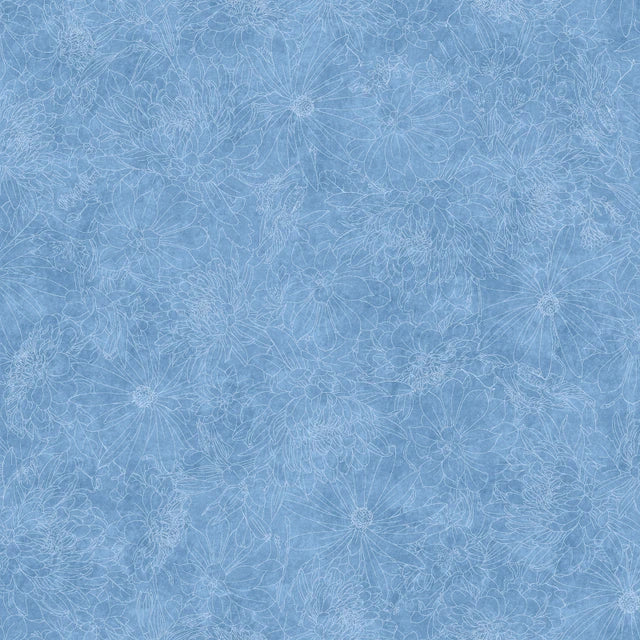 108" Fine Line Floral Soft Blue Cotton Fabric Per Yard