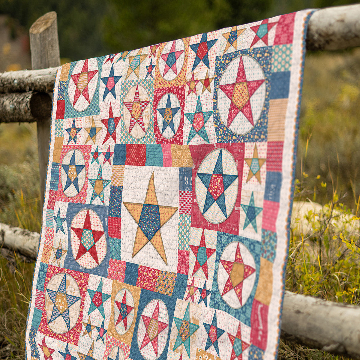 Americana Farmhouse Star Quilt Machine Embroidery USB 45" wide fabric per yard