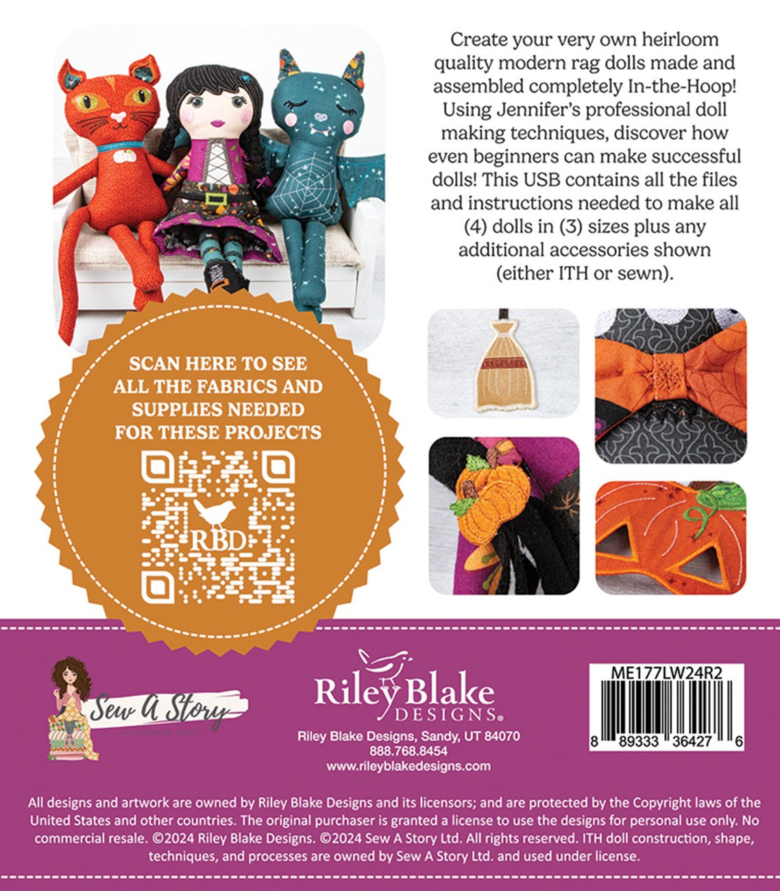 Little Witch & Friends Dolls-Embroidery USB 45" wide fabric per yard