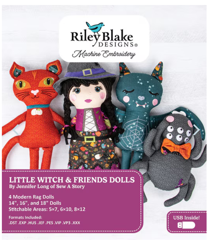 Riley Blake Little Witch and Friends dolls machine embroidery USB