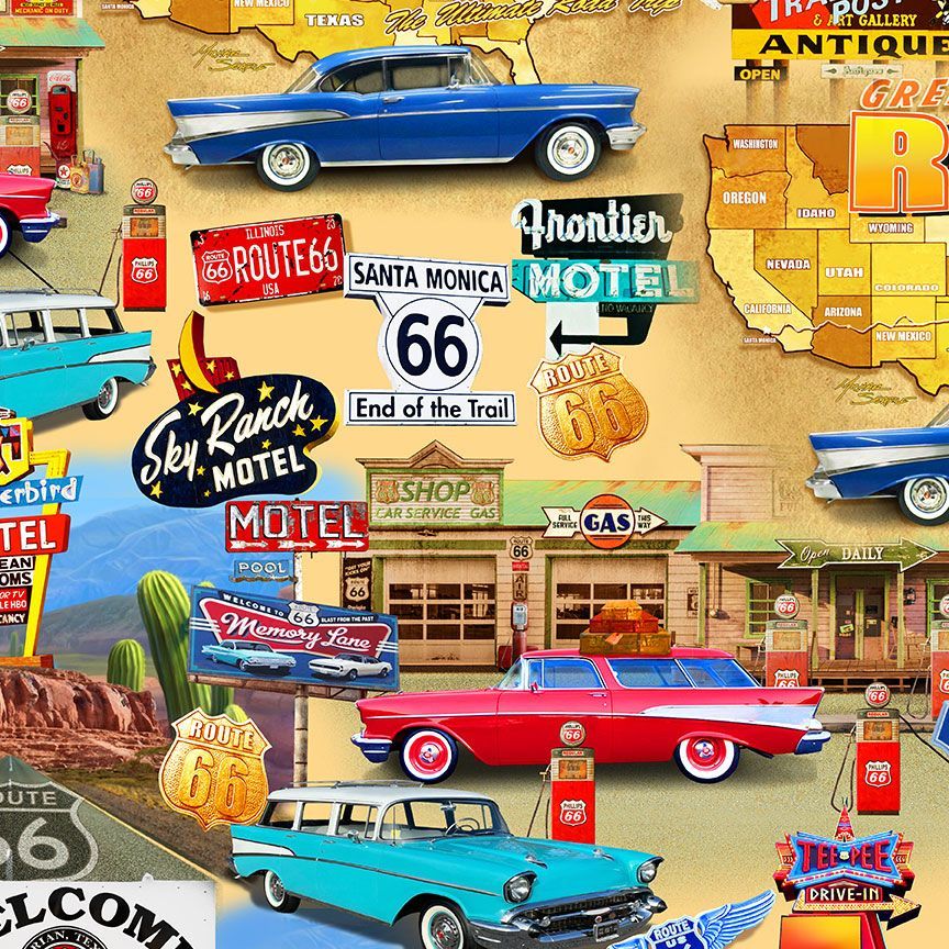 Multi-Color Route 66 Collage Cotton 44"/45" Fabric Per Yard