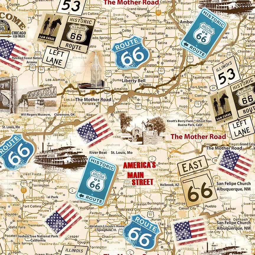 Neutral Route 66 Antique Map Cotton 44"/45" Fabric Per Yard
