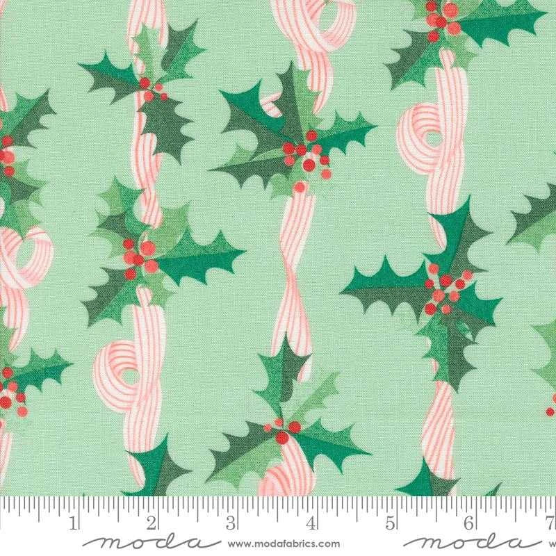 Tiny Christmas Holly Stripes Mint Cotton 44"/45" Fabric Per Yard