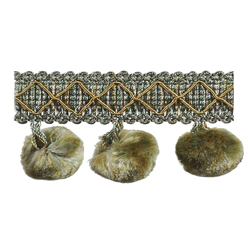 Mulberry Collection - 2" length SILK POM POM FRINGE (25 Yard Roll) - BF-4006-33/82 Turquoise and Taupe