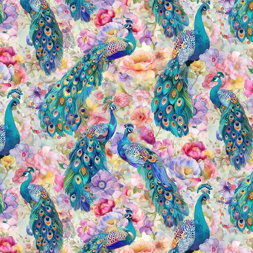 Multi Peacocks On Floral Wild Beauty Cotton 44"/45" Fabric Per Yard