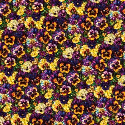 Multi Stained Glass Pansies Cotton Wideback Fabric per yard - Linda's Electric Quilters