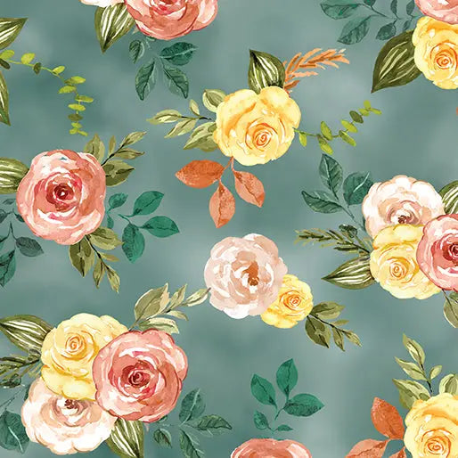 Multi Teal Gone Country Floral Cotton 44"/45" Fabric Per Yard - Linda's Electric Quilters
