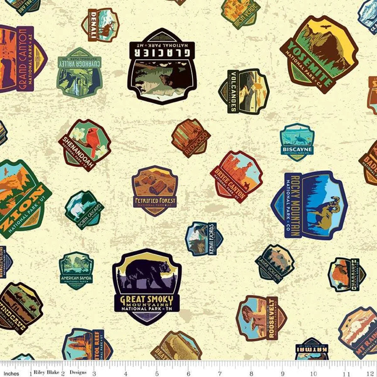 National Parks Patches Cream quilting fabric by Riley Blake