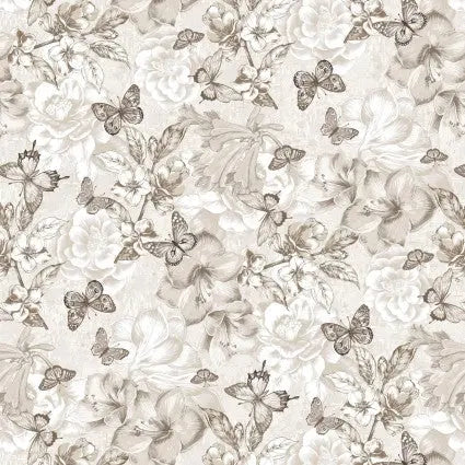 Natural Monotone Butterfly and Floral Cotton Wideback Fabric per yard - Linda's Electric Quilters