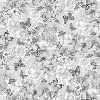 Grey Monotone Butterfly and Floral Cotton Wideback Fabric per yard - Linda's Electric Quilters