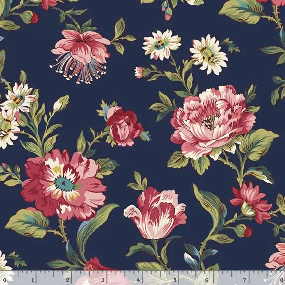 Navy Bold Bloom Cotton Wideback Fabric Per Yard - Linda's Electric Quilters