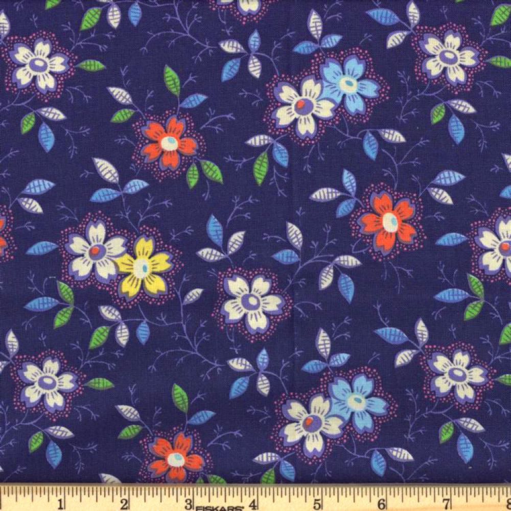 Navy Happy Floral 45" Wide Cotton Fabric Per Yard