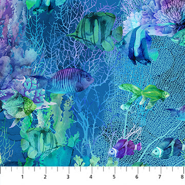 Navy Multi Fish Coral Reef 44"/45" Cotton Fabric Per Yard