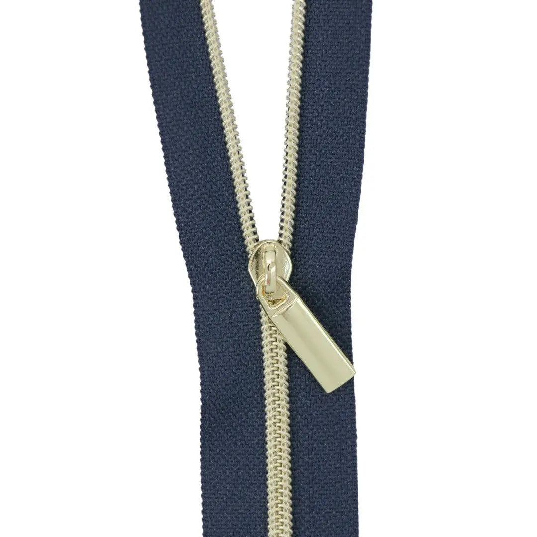 Navy #3 Nylon Gold Coil Zippers: 3 Yards with 9 Pulls