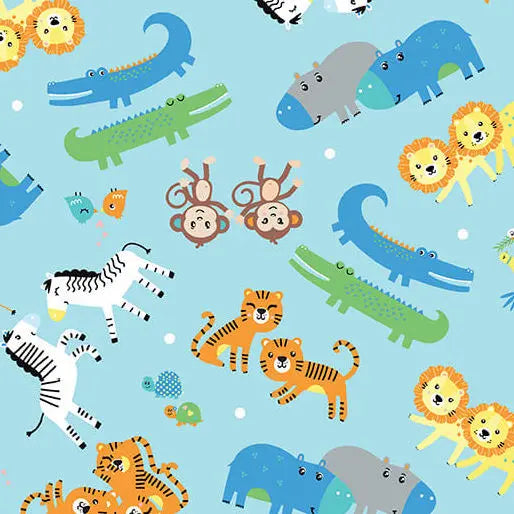 Noah's Journey - Two by Two Animals - Aqua 44" / 45" Fabric Per Yard The Fabric Company
