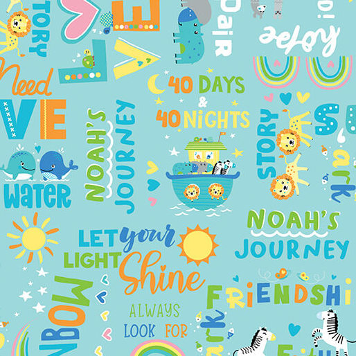 Benartex Noahs Journey two by two words aqua quilting cotton by the yard
