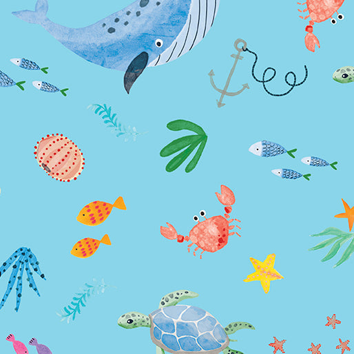 Ocean Life Turquoise Cotton 44"/45" Fabric Per Yard