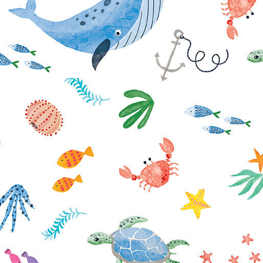 Ocean Life White Cotton 44"/45" Fabric Per Yard