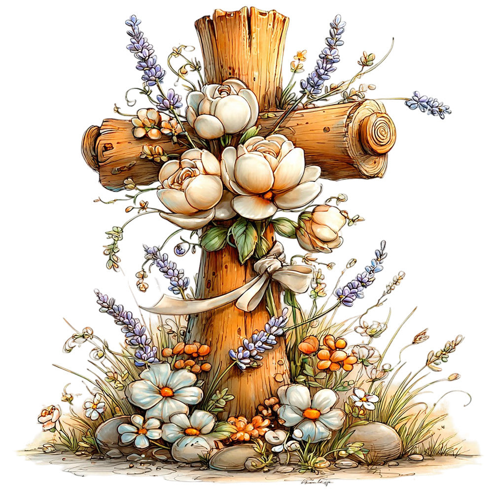 Old Rugged Floral Cross Fabric Panel 28