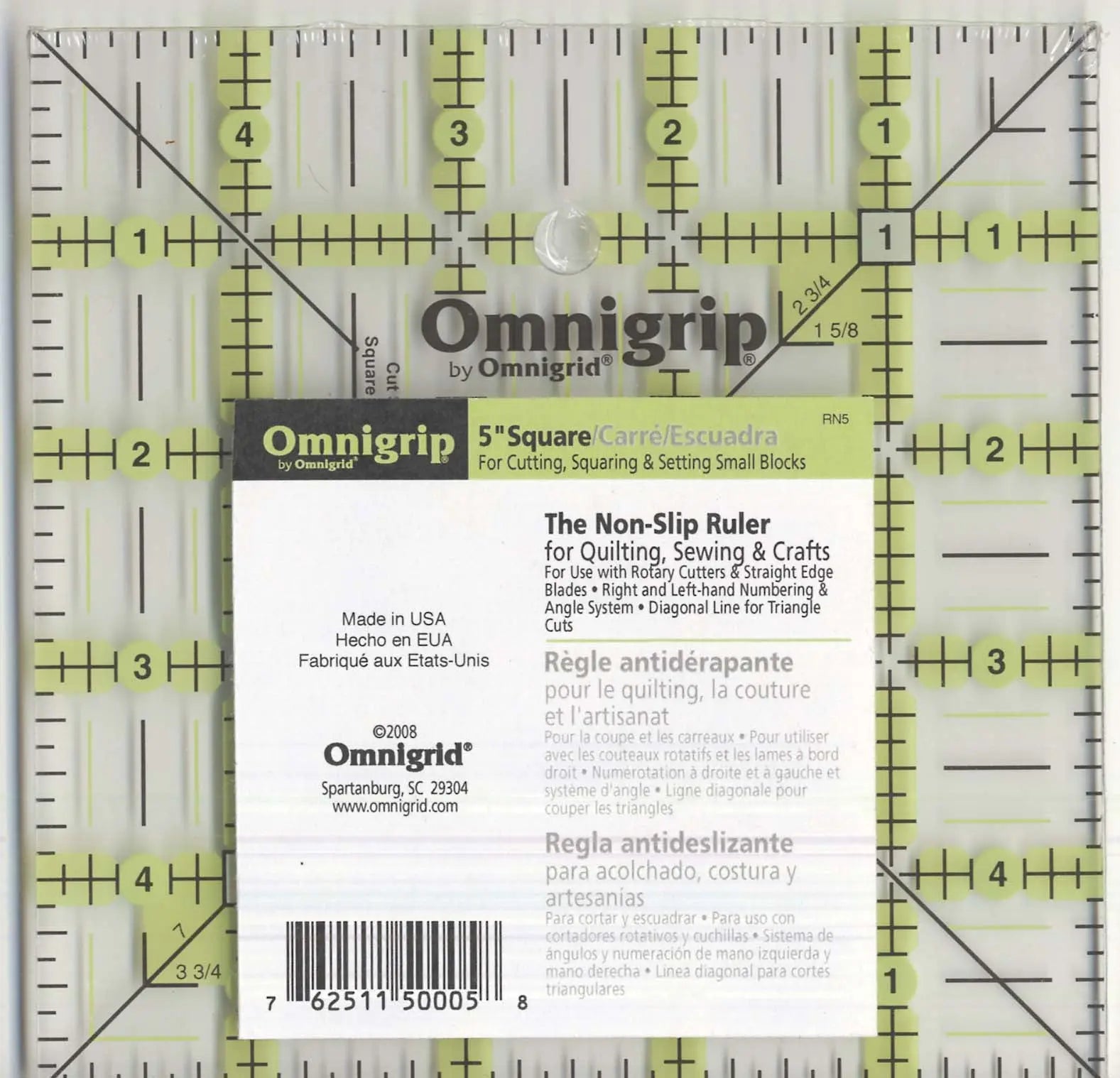 Omnigrid Omnigrip Neon Ruler 5in Square - Linda's Electric Quilters