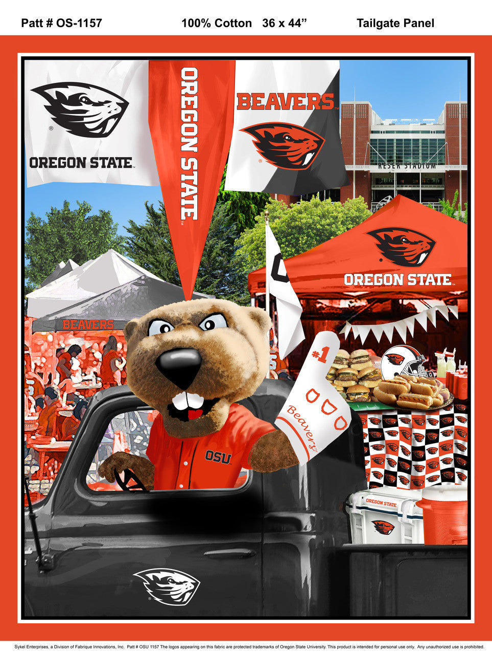 Oregon State Beavers Tailgate fabric panel, licensed collegiate cotton quilt panel, 43 x 36 inches