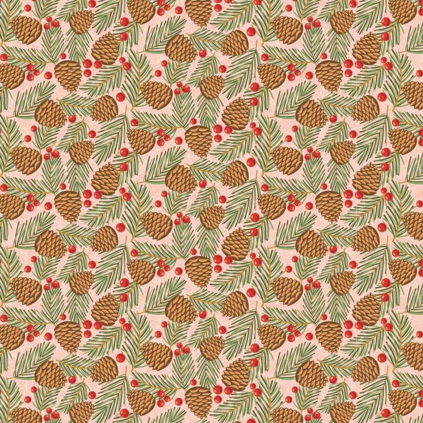Prairie Christmas - Traditional Pine Cones - Pink 44" / 45" Fabric Per Yard