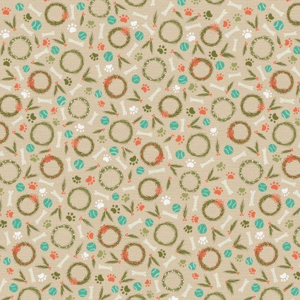 Paintbrush Studio Happy Howlidays wreaths quilting cotton fabric in Tan