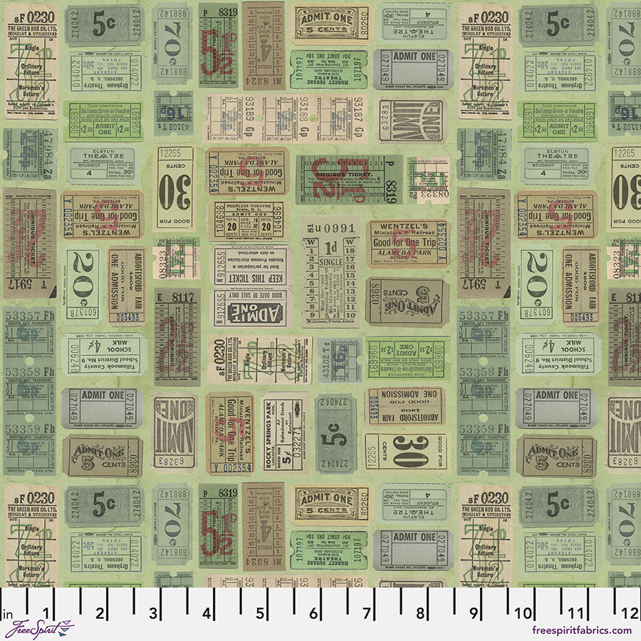 Tim Holtz Tickets quilting cotton in Green