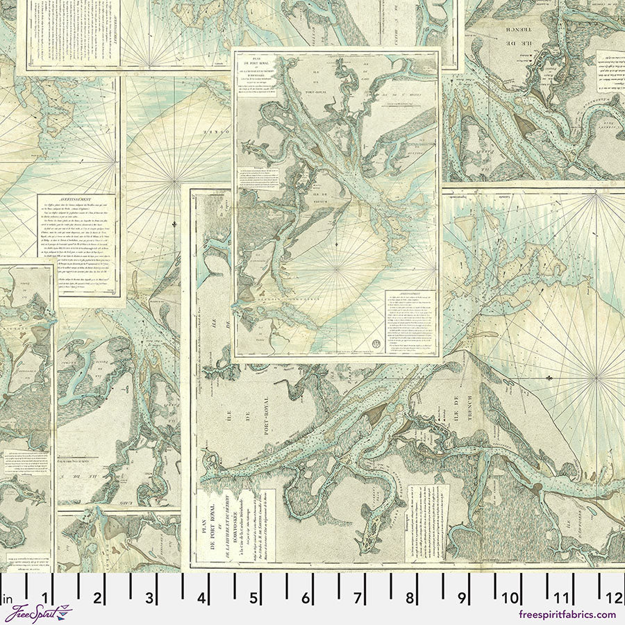 FreeSpirit Tim Holtz Map quilting cotton in Teal