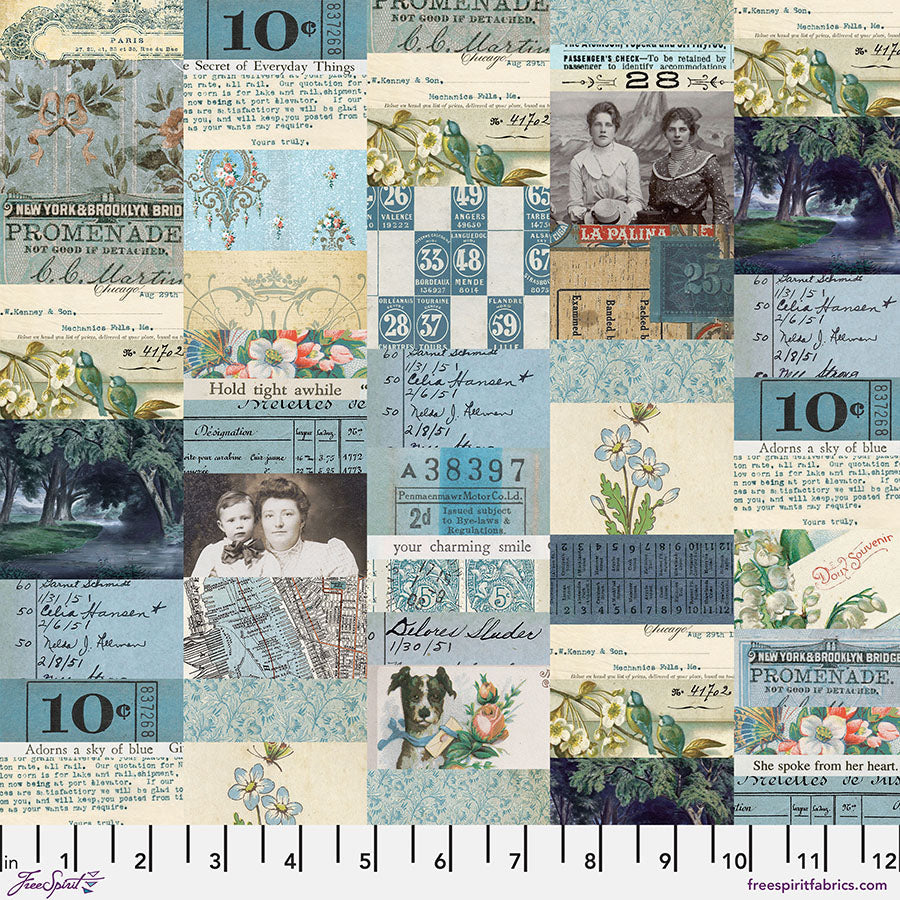 Tim Holtz Palette Blue Collage quilting fabric for FreeSpirit in Blue